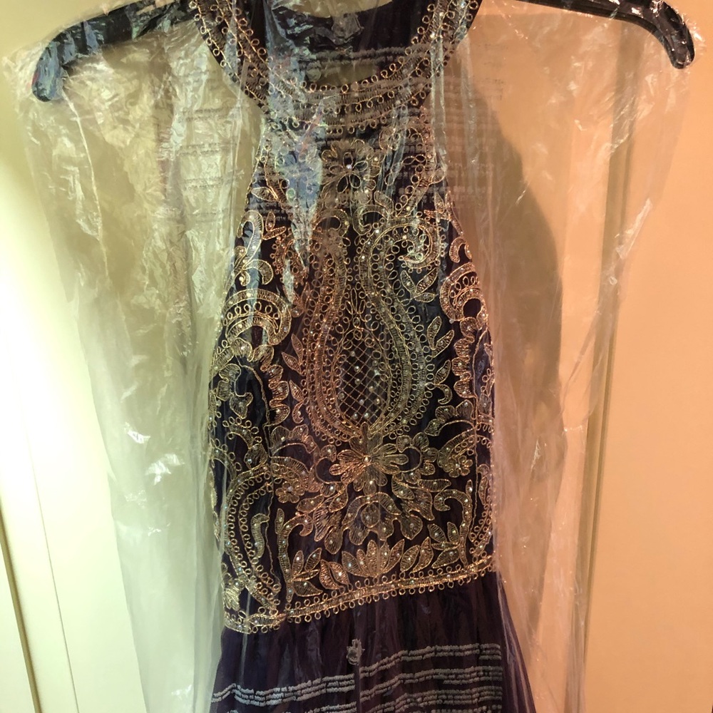 plum with gold, bedazzled embellishment dress